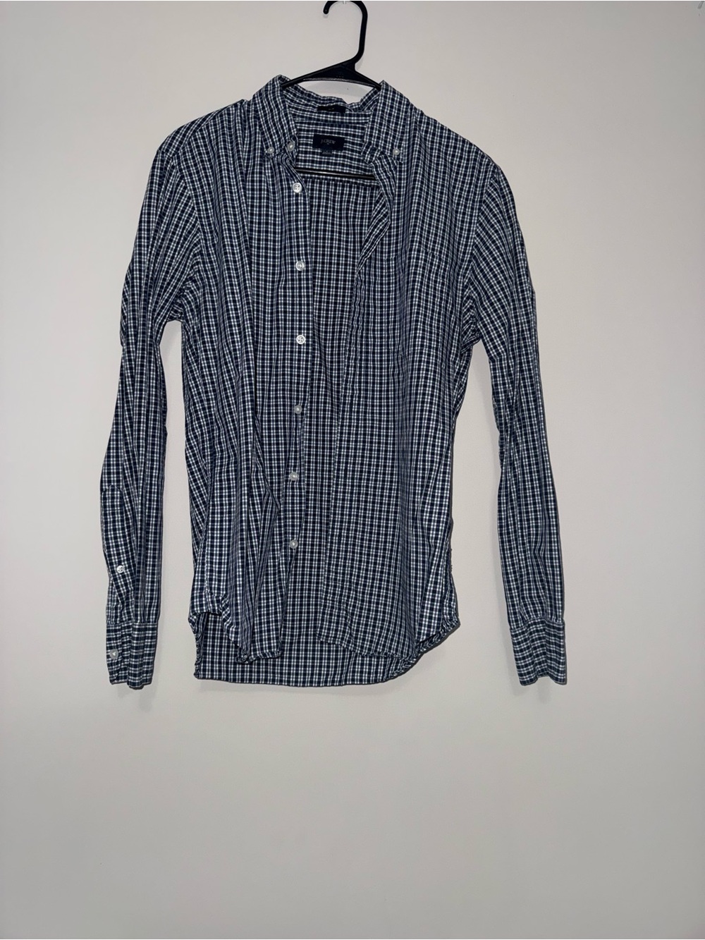 J. Crew Men's Blue and White Checked Button-Down Shirt